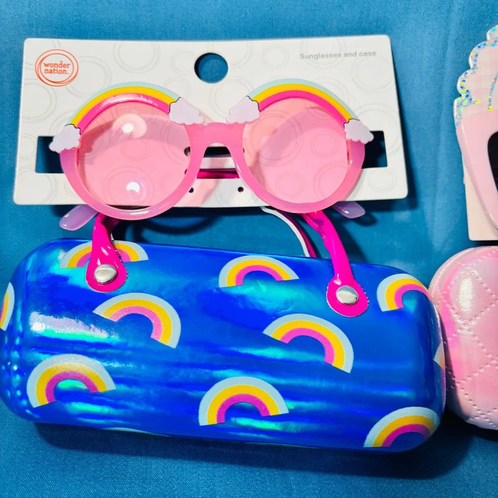Kids Sunglasses Lot 2 Pack Rainbow Pink Heart Quilted Cases UV Protection NWT